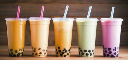 AI generated Plastic cups of different tasty bubble tea on wooden background. Generative AI photo