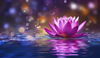 AI generated Lotus Pink light purple floating light sparkle purple background. AI Generated photo