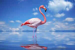 AI generated Pink Flamingo in the water. AI Generated photo