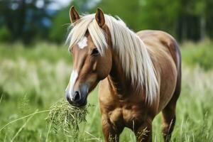 ai generado marrón caballo con rubio pelo come césped en un verde prado detalle desde el cabeza. ai generado foto