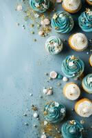 AI generated Birthday party blue and gold composition, cupcakes, confetti, banner concept giftcard, copy space, texture background photo