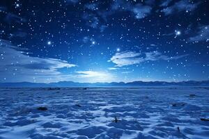 AI generated Endless snow-covered steppe under a starry sky. Dry plants stick out from under the snow. Snowy mountains on the horizon photo