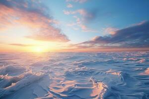 ai generado amplio abierto escarchado pradera, azotado por el viento hielo a amanecer. rosado morado cielo con mullido nubes seco césped cubierto con recién caído nieve foto