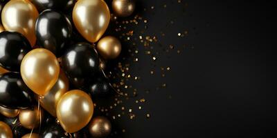 ai generado cumpleaños fiesta negro y oro composición con globos y cintas, concepto para tarjeta de regalo con Copiar espacio, oscuro antecedentes foto