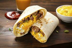 AI generated Breakfast burrito with sausage, eggs, hashbrown and cheese. AI Generated photo