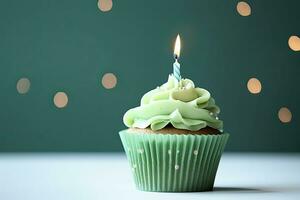 AI generated Happy Birthday Cupcake with Candle. AI Generated photo