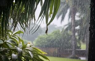 ai generado lluvia en el zona tropical durante el bajo temporada o monzón estación. gotas de lluvia en un jardín. generativo ai foto