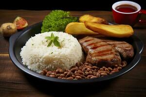 ai generado arroz, frijoles, francés papas fritas, y carne. generativo ai foto