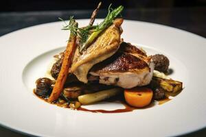 AI generated Plated chicken roast dinner on a white plate with carrot and morel mushroom. AI Generated. photo