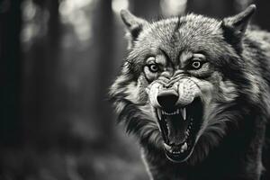 AI generated Greyscale closeup shot of an angry wolf with a blurred background. AI Generated photo