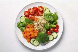 ai generado ensalada con quinua, espinaca, brócoli, Tomates, pepinos y zanahorias. ai generado foto