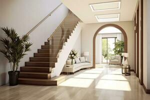 AI generated The interior design of the modern entrance hall with a staircase in the villa. AI Generated photo