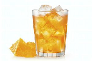 AI generated A glass of orange soda water with ice cubes on white background. AI Generated photo