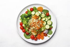 AI generated Salad with quinoa, spinach, broccoli, tomatoes, cucumbers and carrots. AI Generated photo