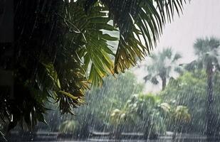 AI generated Rain in the tropics during the low season or monsoon season. Raindrops in a garden. Generative AI photo