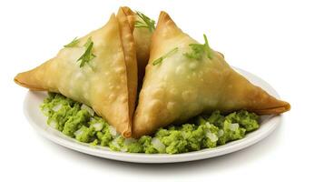 AI generated Tasty samosa isolated on white background.  AI Generated. photo