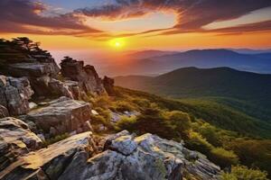 ai generado puesta de sol en pedregoso hombre montaña. ai generado foto