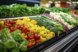 AI generated Fruits and vegetables on shop stand in supermarket grocery store. AI Generated photo