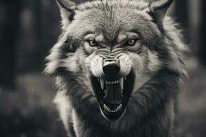 AI generated Greyscale closeup shot of an angry wolf with a blurred background. AI Generated photo