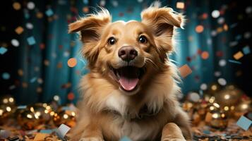 AI generated Happy dog wearing a party hat, celebrating at a birthday party. Generative AI photo