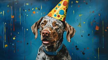 ai generado contento perro vistiendo un fiesta sombrero, celebrando a un cumpleaños fiesta. generativo ai foto