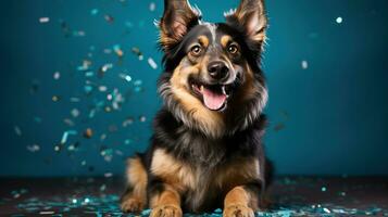 ai generado contento perro vistiendo un fiesta sombrero, celebrando a un cumpleaños fiesta. generativo ai foto