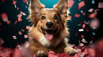 AI generated Happy dog wearing a party hat, celebrating at a birthday party. Generative AI photo