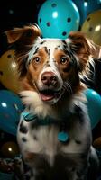 ai generado contento perro vistiendo un fiesta sombrero, celebrando a un cumpleaños fiesta. generativo ai foto