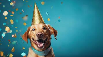 ai generado contento perro vistiendo un fiesta sombrero, celebrando a un cumpleaños fiesta. generativo ai foto