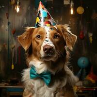 AI generated Happy dog wearing a party hat, celebrating at a birthday party. Generative AI photo