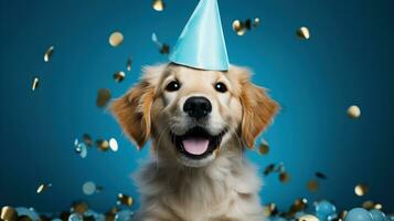 AI generated Happy dog wearing a party hat, celebrating at a birthday party. Generative AI photo