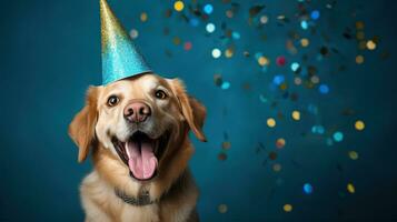 AI generated Happy dog wearing a party hat, celebrating at a birthday party. Generative AI photo