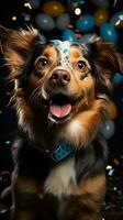 AI generated Happy dog wearing a party hat, celebrating at a birthday party. Generative AI photo