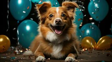 AI generated Happy dog wearing a party hat, celebrating at a birthday party. Generative AI photo