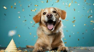 ai generado contento perro vistiendo un fiesta sombrero, celebrando a un cumpleaños fiesta. generativo ai foto