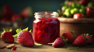 AI generated Strawberry jam and fresh berries. Generative AI photo