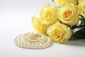 AI generated Yellow roses bouquet and pearls,in white background. AI Generated photo