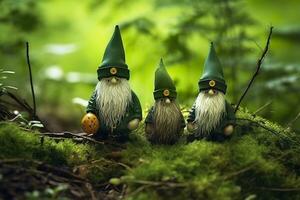 AI generated Toy Irish gnomes in a mystery forest, abstract green natural background. Generative AI photo