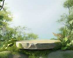 AI generated Stone product display podium for cosmetic product with green nature garden background. Generative AI photo