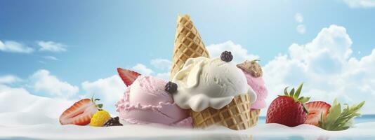 AI generated Banner with ice cream in a waffle cone on a summer day. Generative AI photo