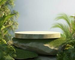 ai generado Roca producto monitor podio para cosmético producto con verde naturaleza jardín antecedentes. generativo ai foto