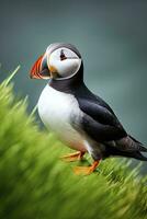 AI generated Puffin bird on a green grass patch. AI Generated photo