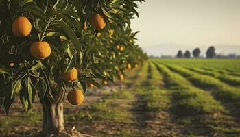 AI generated An orange tree is in the foreground with a farm field background. Generative AI photo