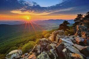 ai generado puesta de sol en pedregoso hombre montaña. ai generado foto