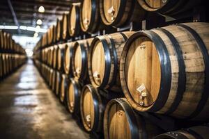 AI generated Wooden oak Port barrels in neat rows. AI Generated photo