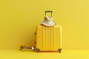 AI generated Yellow suitcase with sun glasses and hat on yellow background. travel concept. Generative AI photo