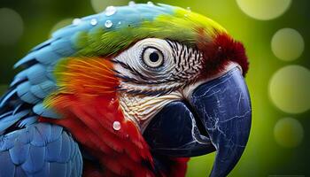 ai generado tropical guacamayo encaramado, vibrante plumas en enfocar. generativo ai foto