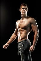 Image of very muscular man posing with naked torso photo