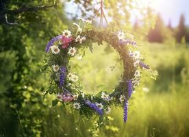 ai generado rústico flores silvestres guirnalda en un soleado prado. verano solsticio día, pleno verano concepto. generativo ai foto