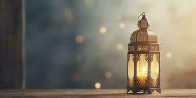 AI generated Celebration of islamic eid mubarak and eid al adha lantern in a light background. AI Generated photo